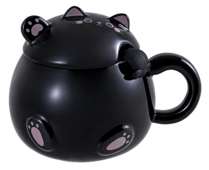 Ebros Gift Whimsical Black Chubby Feline Kitty Cat Cup Mug With Lid And Stirring Spoon