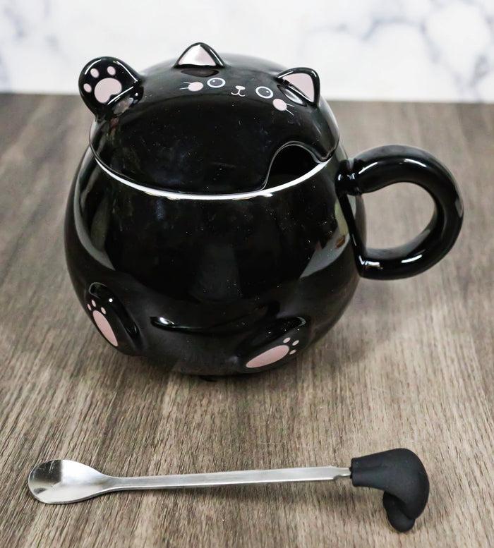 ebros gift Whimsical Black Chubby Feline Kitty Cat Cup Mug With Lid And Stirring Spoon