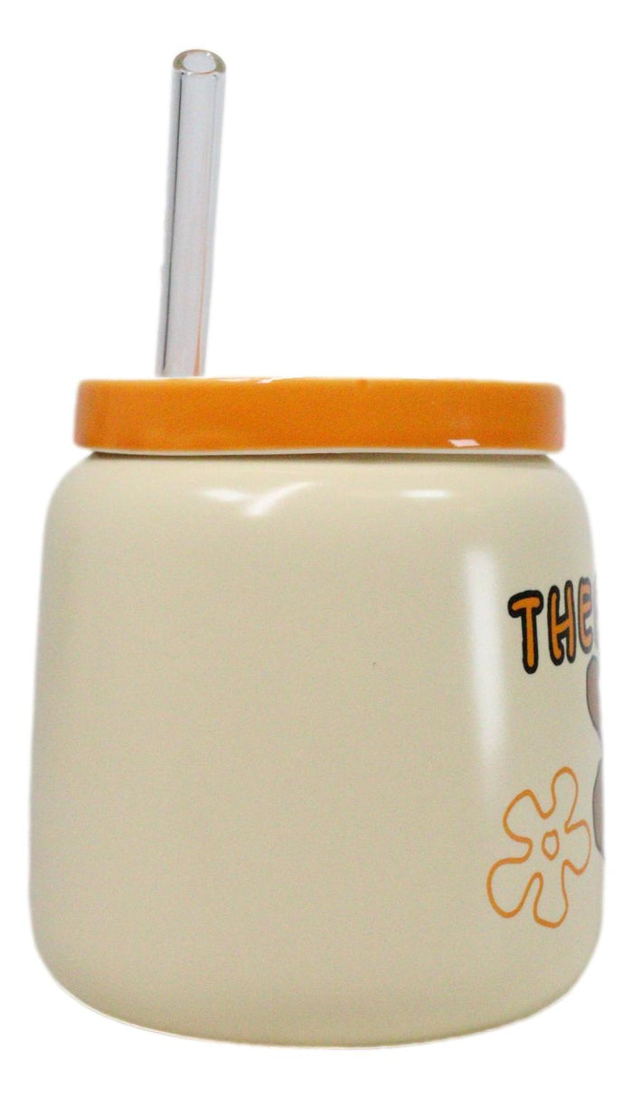 Ebros Gift Whimsical Brown Bear Anime 16oz Orange Ceramic Mug Cup With Lid And Glass Straw