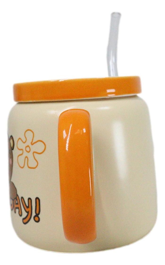 Ebros Gift Whimsical Brown Bear Anime 16oz Orange Ceramic Mug Cup With Lid And Glass Straw