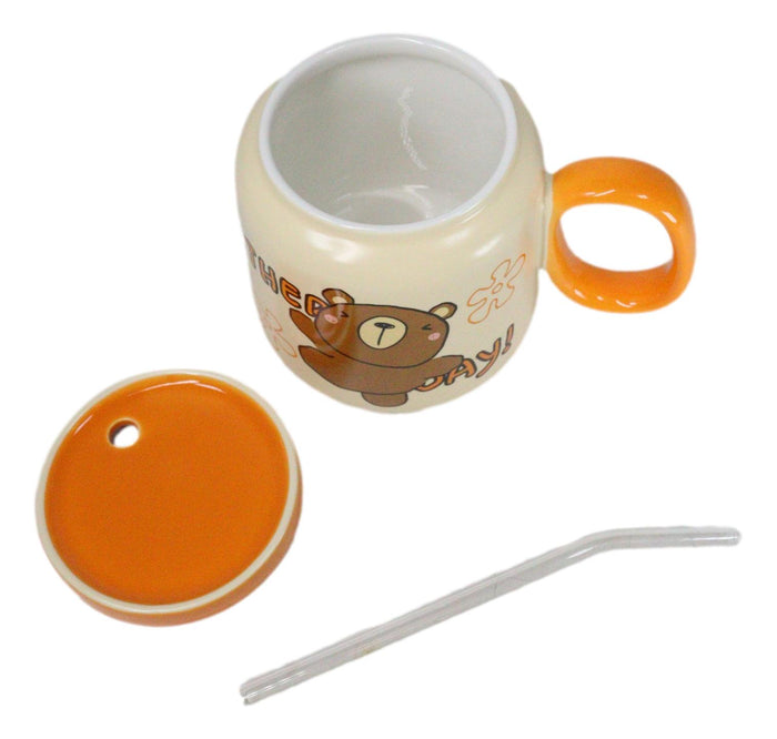Ebros Gift Whimsical Brown Bear Anime 16oz Orange Ceramic Mug Cup With Lid And Glass Straw