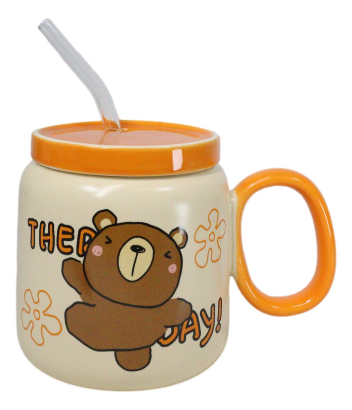 ebros gift Whimsical Brown Bear Anime 16oz Orange Ceramic Mug Cup With Lid And Glass Straw