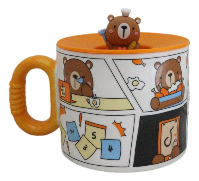 ebros gift Whimsical Brown Bear Cub With Leave Diary Cartoon Ceramic Mug With Silicone Lid