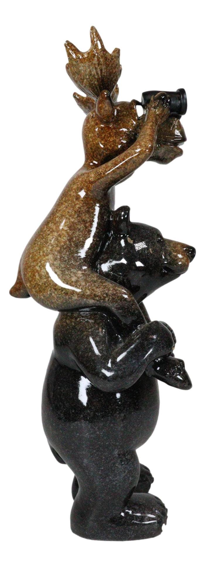 Ebros Gift Whimsical Bull Moose Elk Sitting On Black Bear Shoulders W/ Binoculars Figurine