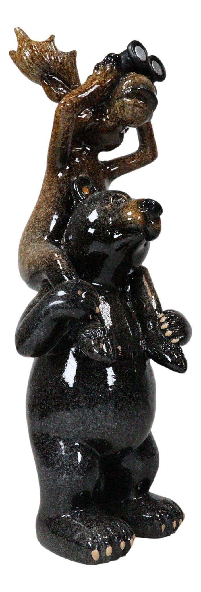 Ebros Gift Whimsical Bull Moose Elk Sitting On Black Bear Shoulders W/ Binoculars Figurine