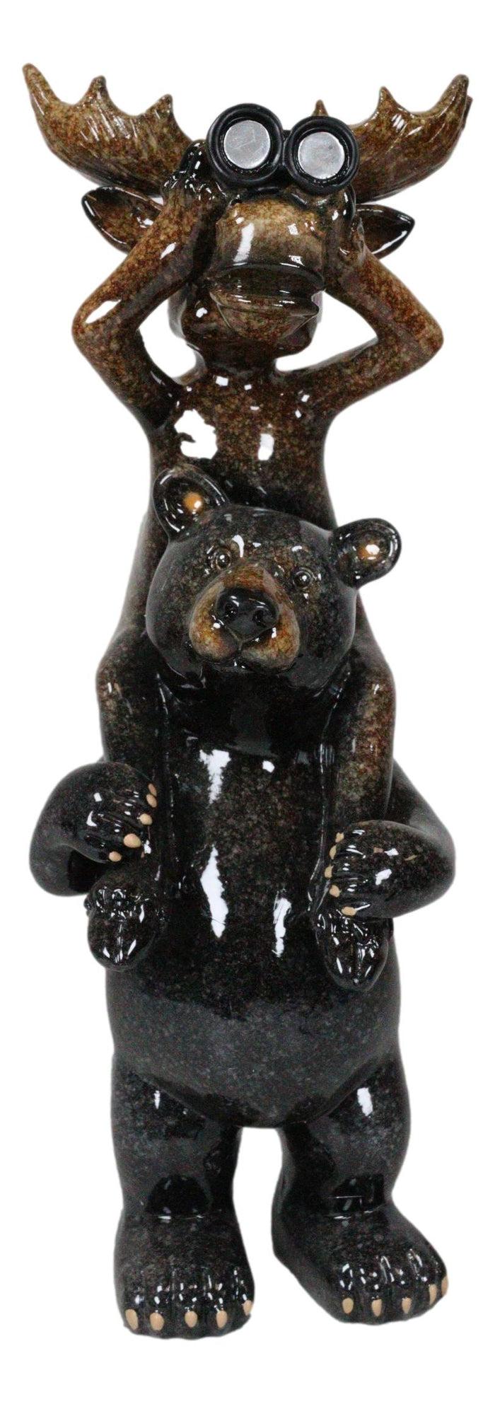 Ebros Gift Whimsical Bull Moose Elk Sitting On Black Bear Shoulders W/ Binoculars Figurine