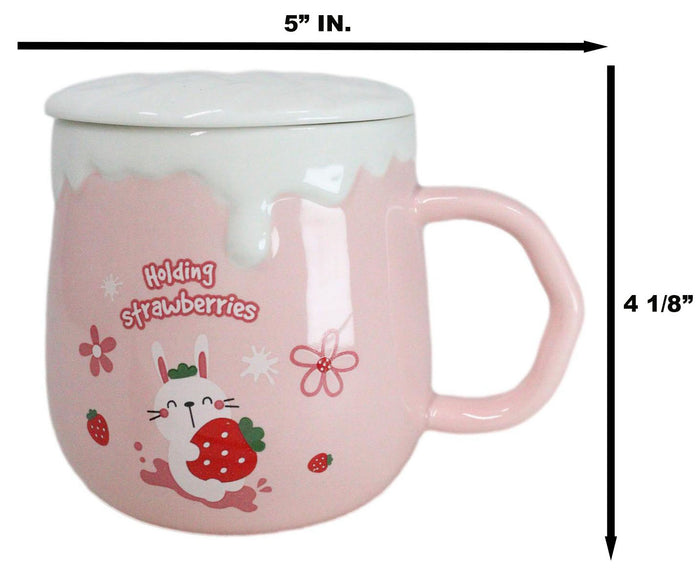 Ebros Gift Whimsical Bunny Rabbit Hiding Strawberries Ceramic Mug Cup With Lid And Spoon