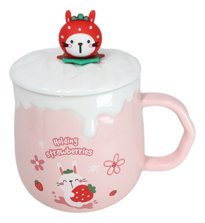 Ebros Gift Whimsical Bunny Rabbit Hiding Strawberries Ceramic Mug Cup With Lid And Spoon