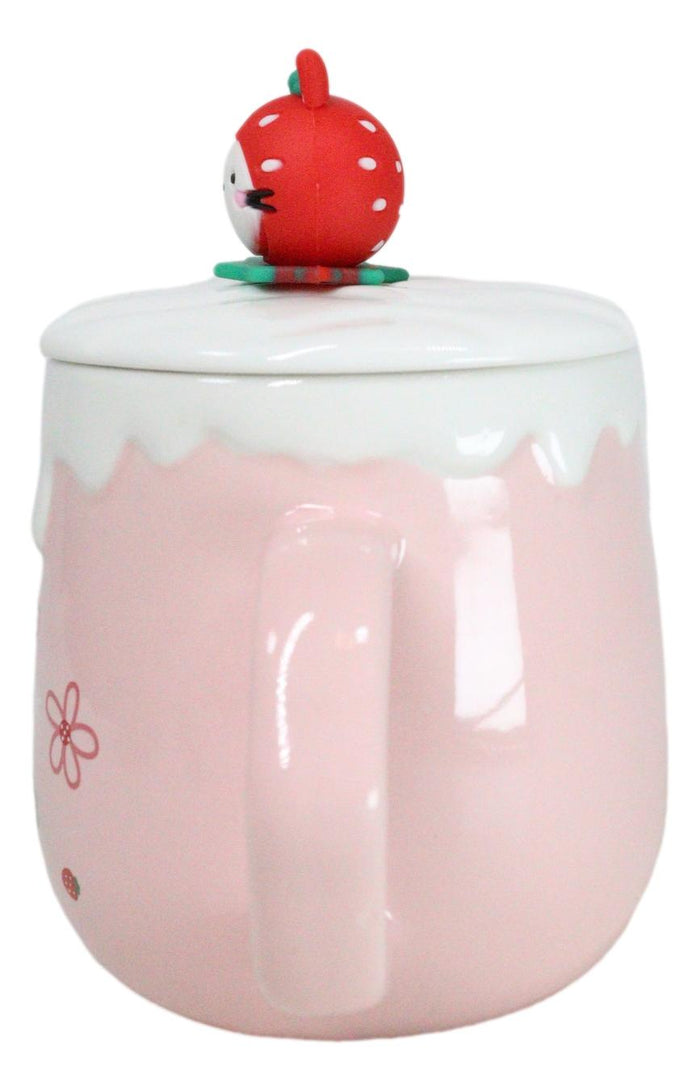 Ebros Gift Whimsical Bunny Rabbit Hiding Strawberries Ceramic Mug Cup With Lid And Spoon