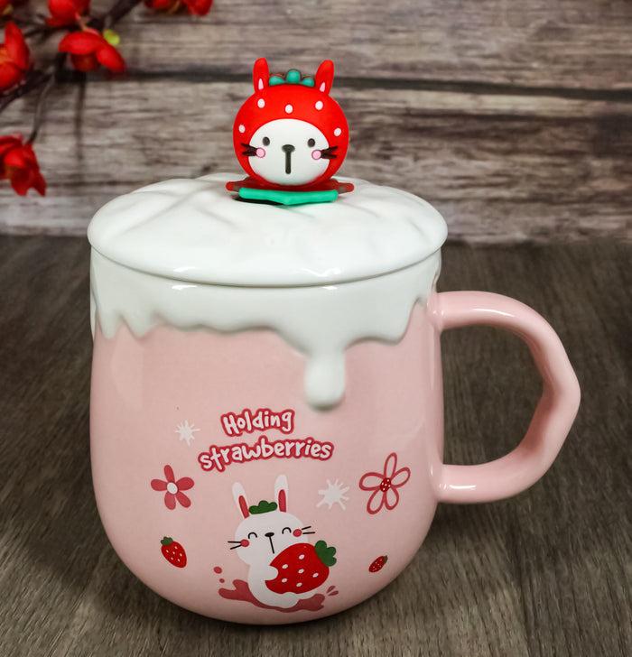 ebros gift Whimsical Bunny Rabbit Hiding Strawberries Ceramic Mug Cup With Lid And Spoon