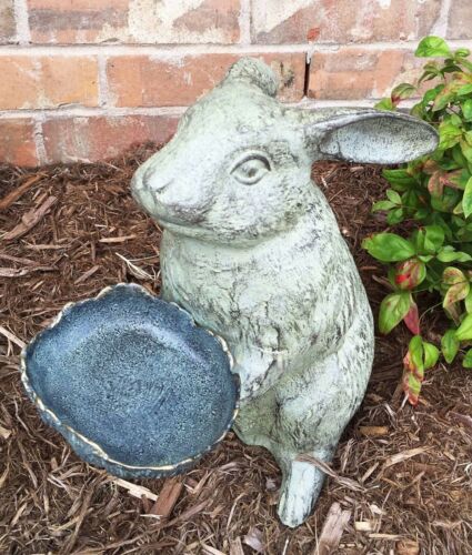 Ebros Gift Whimsical Bunny Rabbit Holding Leaf Bird Feeder Garden Decor Aluminum Statue