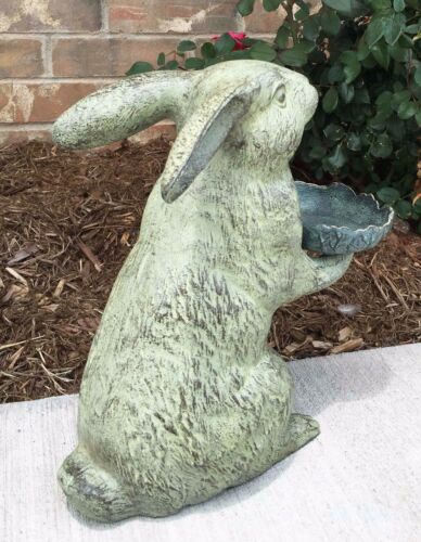 Ebros Gift Whimsical Bunny Rabbit Holding Leaf Bird Feeder Garden Decor Aluminum Statue