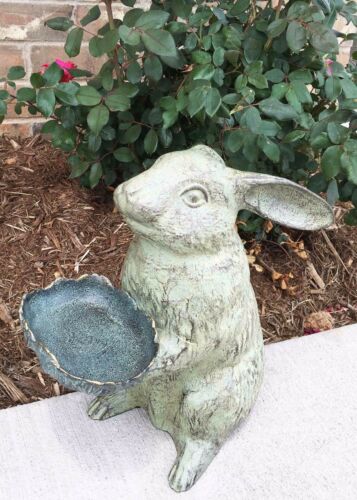 ebros gift Whimsical Bunny Rabbit Holding Leaf Bird Feeder Garden Decor Aluminum Statue