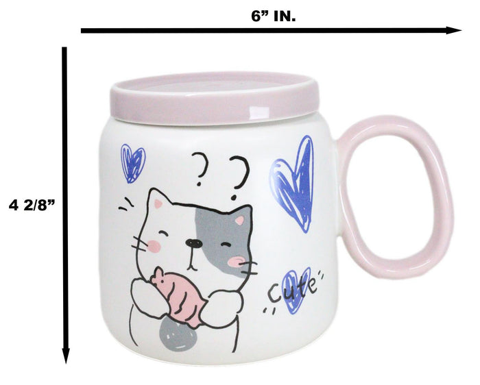 Ebros Gift Whimsical Cat Holding Taiyaki Fish 16oz Ceramic Mug Cup With Lid And Glass Straw