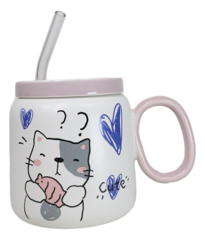 Ebros Gift Whimsical Cat Holding Taiyaki Fish 16oz Ceramic Mug Cup With Lid And Glass Straw