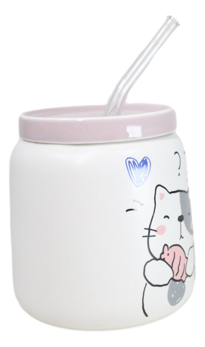 Ebros Gift Whimsical Cat Holding Taiyaki Fish 16oz Ceramic Mug Cup With Lid And Glass Straw
