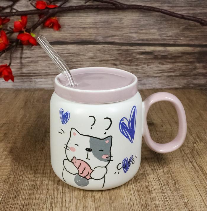 ebros gift Whimsical Cat Holding Taiyaki Fish 16oz Ceramic Mug Cup With Lid And Glass Straw