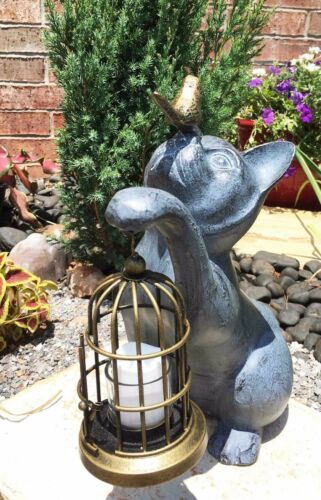 Ebros Gift Whimsical Cat With Bird Holding Cage Lantern Candleholder Garden Statue 14.25"H