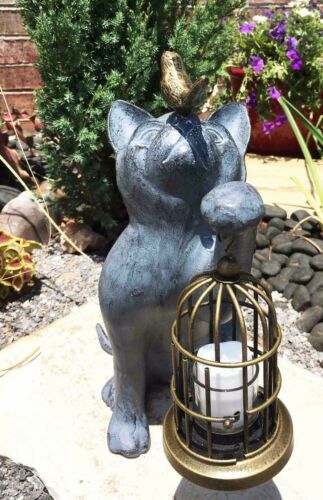 Ebros Gift Whimsical Cat With Bird Holding Cage Lantern Candleholder Garden Statue 14.25"H