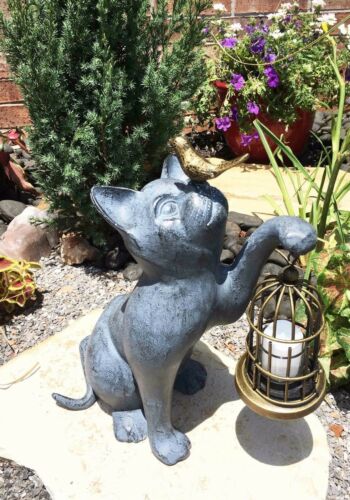 ebros gift Whimsical Cat With Bird Holding Cage Lantern Candleholder Garden Statue 14.25"H