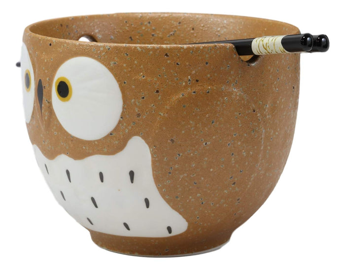 Ebros Gift Whimsical Ceramic Brown Owl Ramen Udong Noodles Soup Bowl With Chopsticks Set