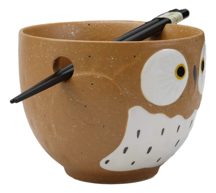 Ebros Gift Whimsical Ceramic Brown Owl Ramen Udong Noodles Soup Bowl With Chopsticks Set