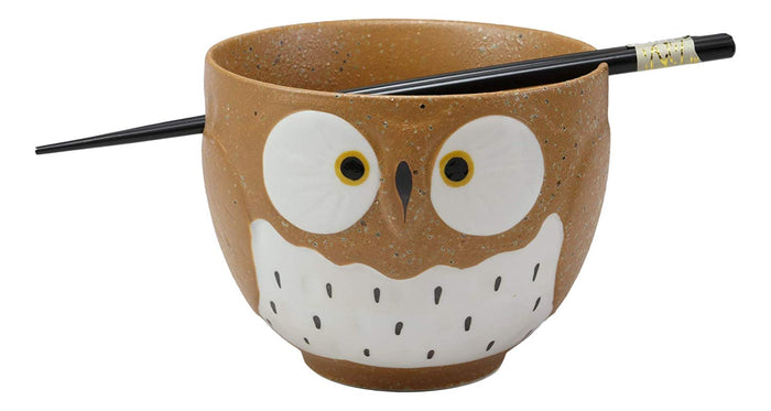 ebros gift Whimsical Ceramic Brown Owl Ramen Udong Noodles Soup Bowl With Chopsticks Set