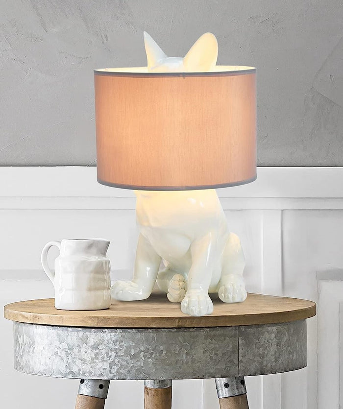 ebros gift Whimsical Cute White Hiding Dog Desktop Bedside Table Lamp With Fabric Shade 17"