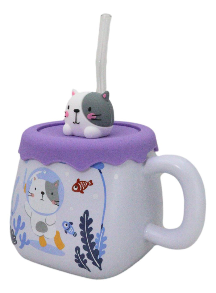 Ebros Gift Whimsical Diver Cat With Sea Fishes Ceramic Mug With Silicone Lid And Straw