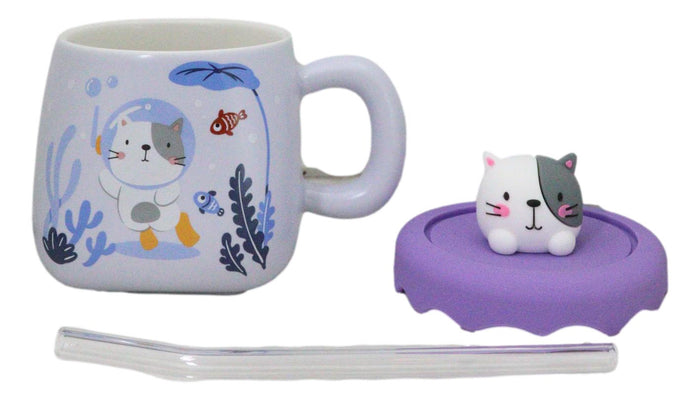 Ebros Gift Whimsical Diver Cat With Sea Fishes Ceramic Mug With Silicone Lid And Straw