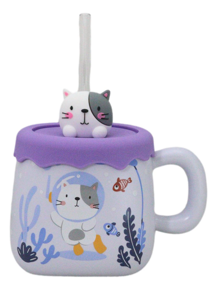 ebros gift Whimsical Diver Cat With Sea Fishes Ceramic Mug With Silicone Lid And Straw