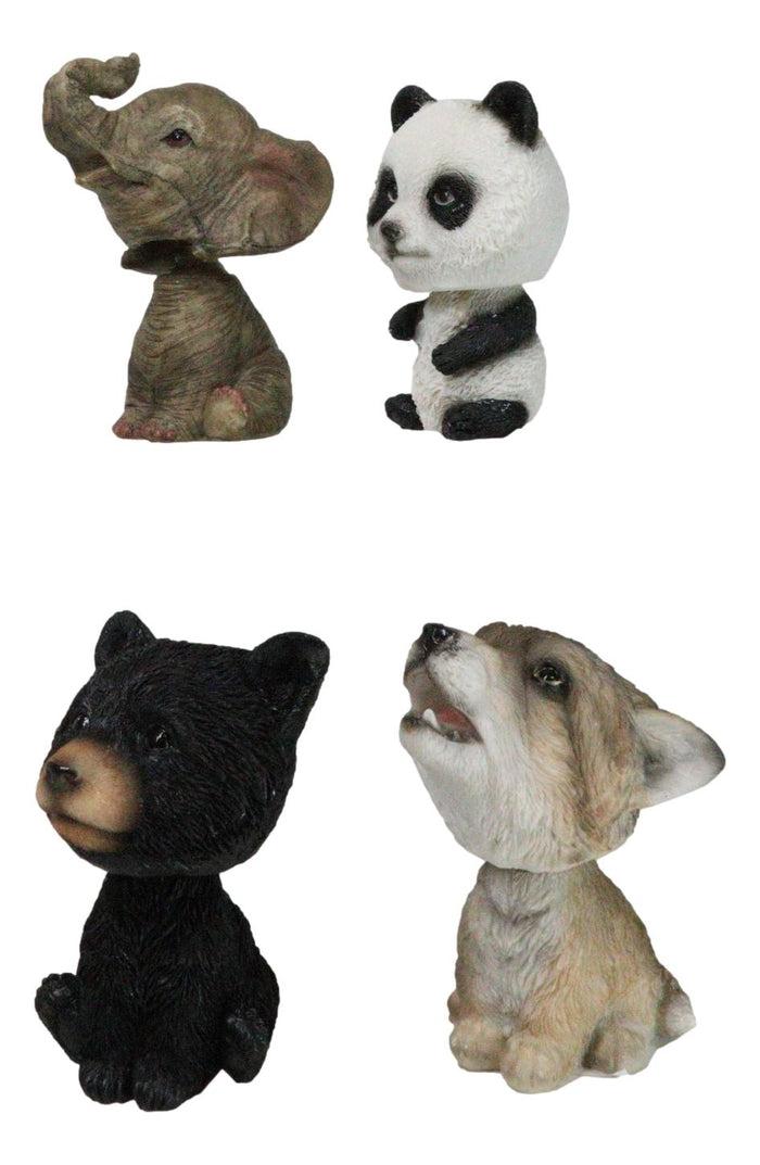 Ebros Gift Whimsical Elephant Panda Black Bear And Wolf Set Of 4 Mini Bobblehead Figurines