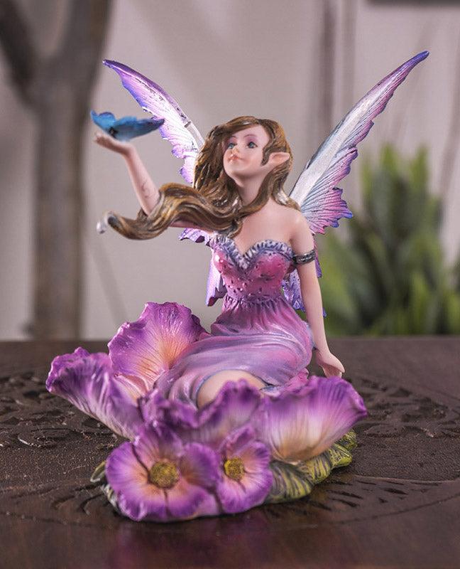 ebros gift Whimsical Fantasy Fuchsia Pink Flower Fairy With Blue Butterfly Figurine