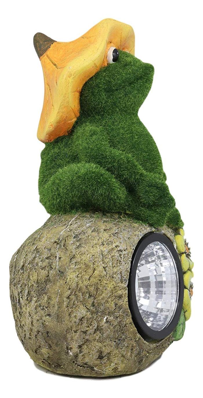 Ebros Gift Whimsical Flocked Grass Toad Frog On Rock Garden Statue With Solar LED Light