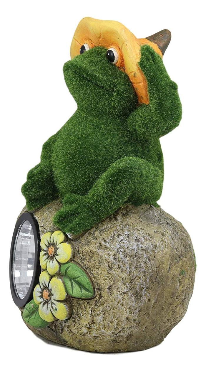 Ebros Gift Whimsical Flocked Grass Toad Frog On Rock Garden Statue With Solar LED Light