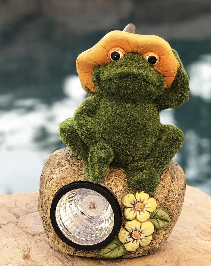 ebros gift Whimsical Flocked Grass Toad Frog On Rock Garden Statue With Solar LED Light