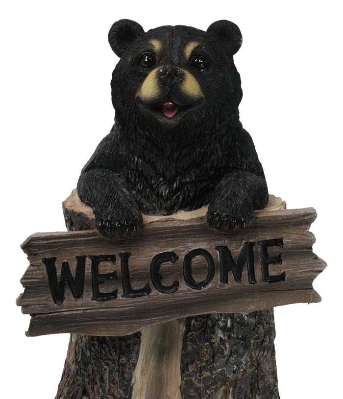Ebros Gift Whimsical Forest Black Bear On Tree Log Holding Welcome Plank Sign Figurine 7"H