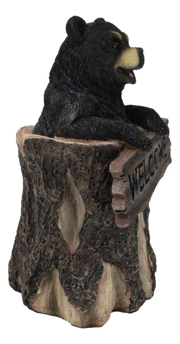 Ebros Gift Whimsical Forest Black Bear On Tree Log Holding Welcome Plank Sign Figurine 7"H