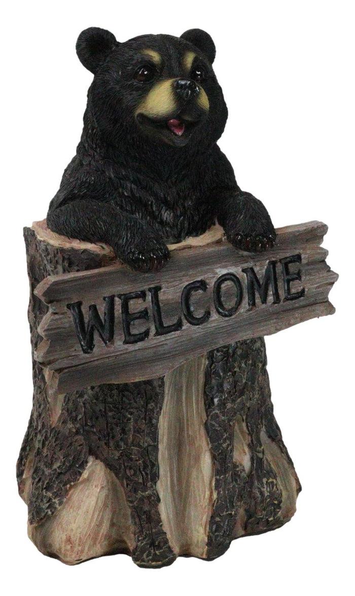 Ebros Gift Whimsical Forest Black Bear On Tree Log Holding Welcome Plank Sign Figurine 7"H