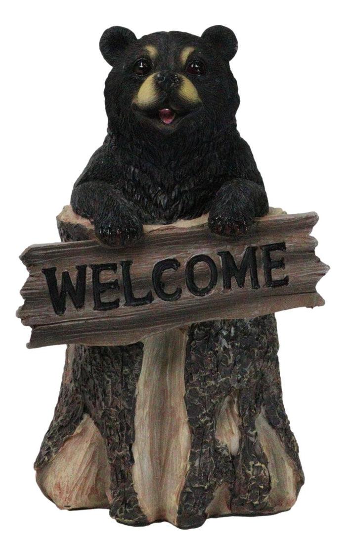 ebros gift Whimsical Forest Black Bear On Tree Log Holding Welcome Plank Sign Figurine 7"H