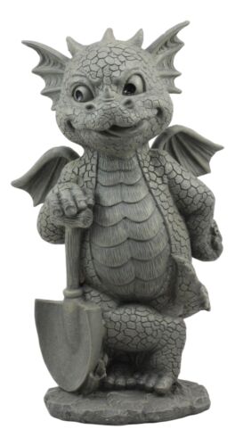 Ebros Gift Whimsical Garden Dragon With Shovel Statue 11.5"H Gardening Green Thumb Dragon