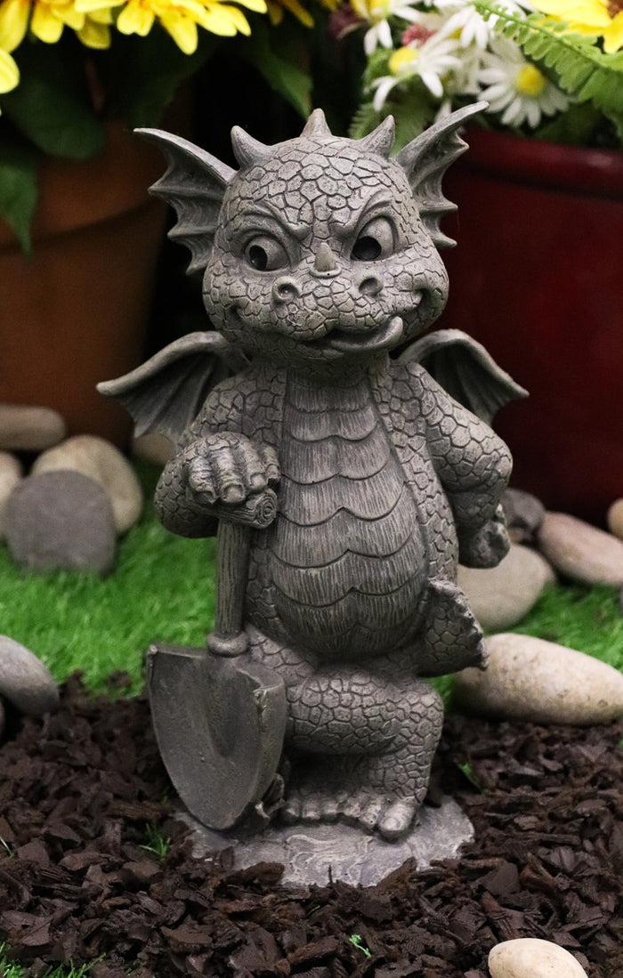 ebros gift Whimsical Garden Dragon With Shovel Statue 11.5"H Gardening Green Thumb Dragon
