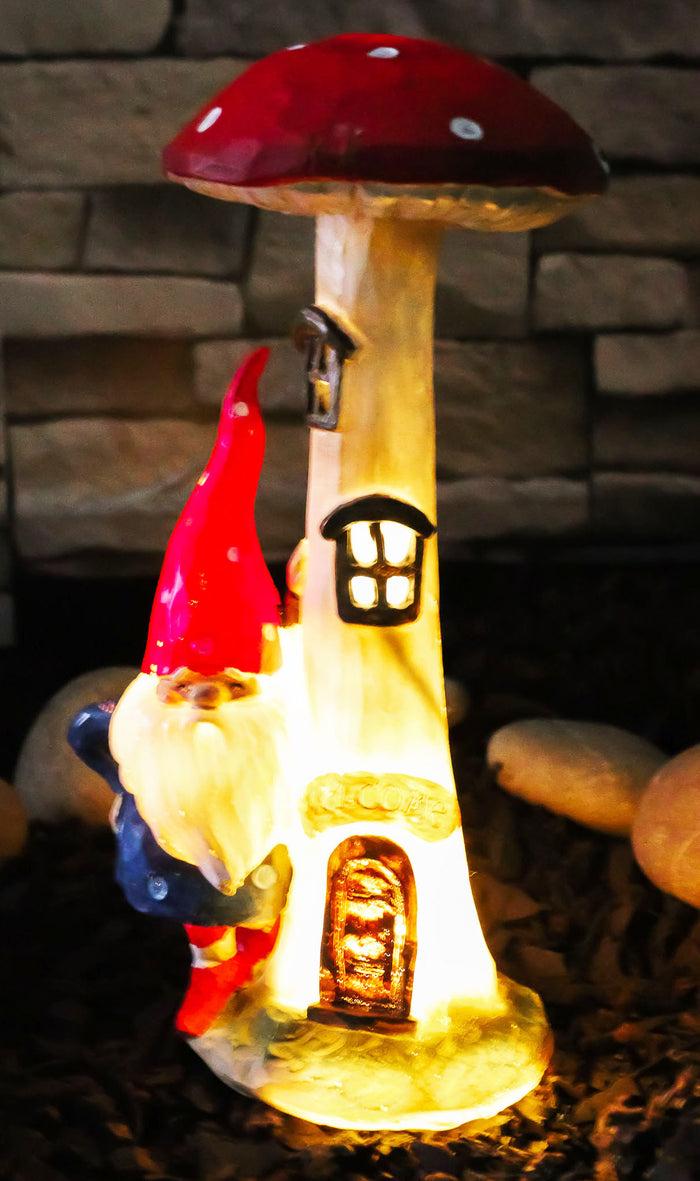 ebros gift Whimsical Garden Gnome By Toadstool Mushroom Home LED Courtesy Light Figurine