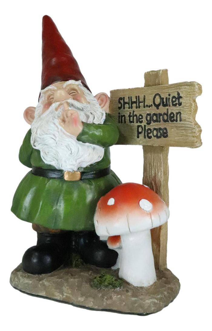Ebros Gift Whimsical Garden Gnome With Toadstool Mushroom And SHHH Quiet Yard Sign Statue