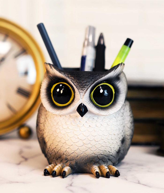 ebros gift Whimsical Great Horned Owl Owlet Baby Stationery Pen Make Up Brush Holder Statue