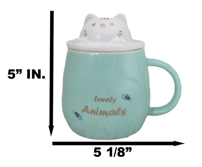 Ebros Gift Whimsical Green Chubby Feline Kitty Cat Cup Mug With Lid And Stirring Spoon