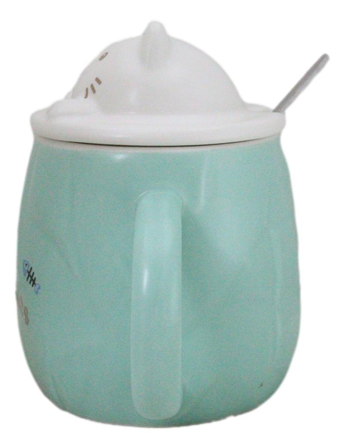 Ebros Gift Whimsical Green Chubby Feline Kitty Cat Cup Mug With Lid And Stirring Spoon