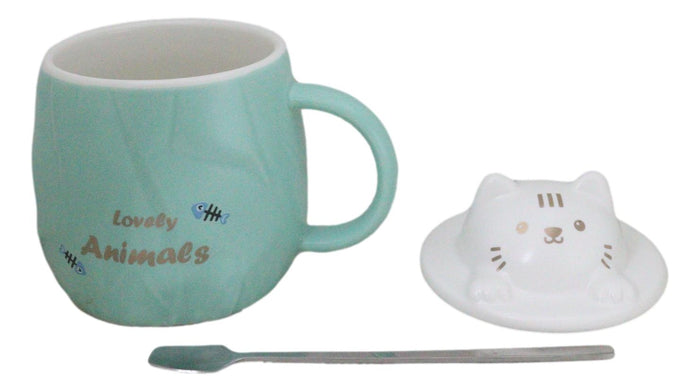 Ebros Gift Whimsical Green Chubby Feline Kitty Cat Cup Mug With Lid And Stirring Spoon