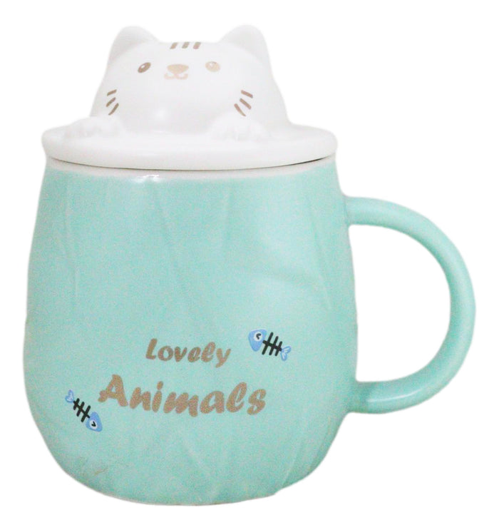ebros gift Whimsical Green Chubby Feline Kitty Cat Cup Mug With Lid And Stirring Spoon