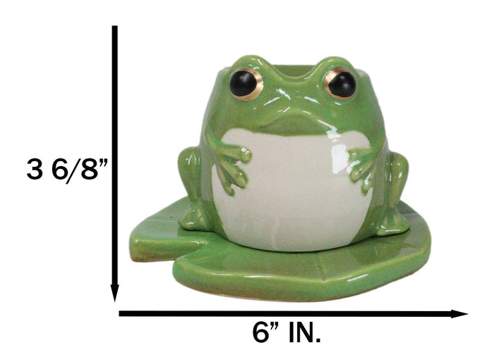 Ebros Gift Whimsical Green Toad Frog On Lily Pad Ceramic Essential Oil Warmer Candle Holder